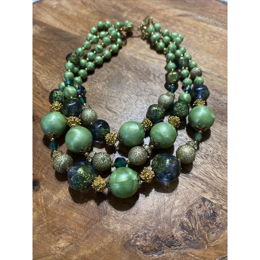 Deauville Triple Strand Bead Choker Vintage Necklace Green Gold Rhinestone